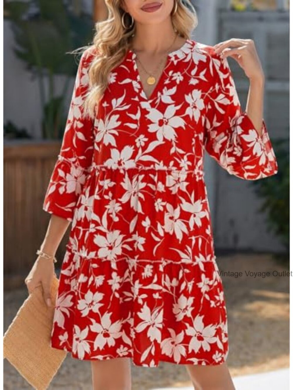 Women's Casual V-Neck Babydoll Dress 3/4 Bell Sleeve Beach Vacation Mini Dress - Picture 2 of 6